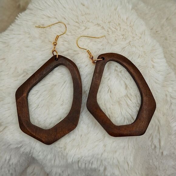 Wood Hollowed out earrings geometric abstract shape boho jewelry - Picture 1 of 3